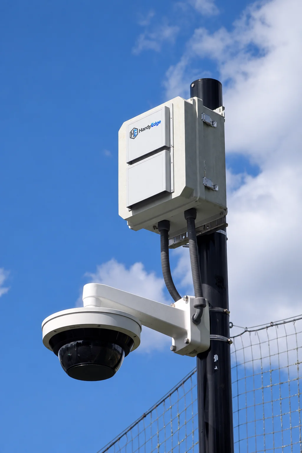 Detail of a HardyEdge enclosure and separately mounted dome camera against a blue sky